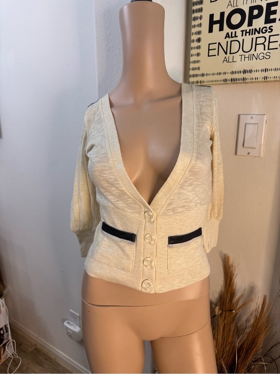 Poof! Sweaters - Poof! Cream V-Neck Button Front Cropped Cardigan with Black Trim